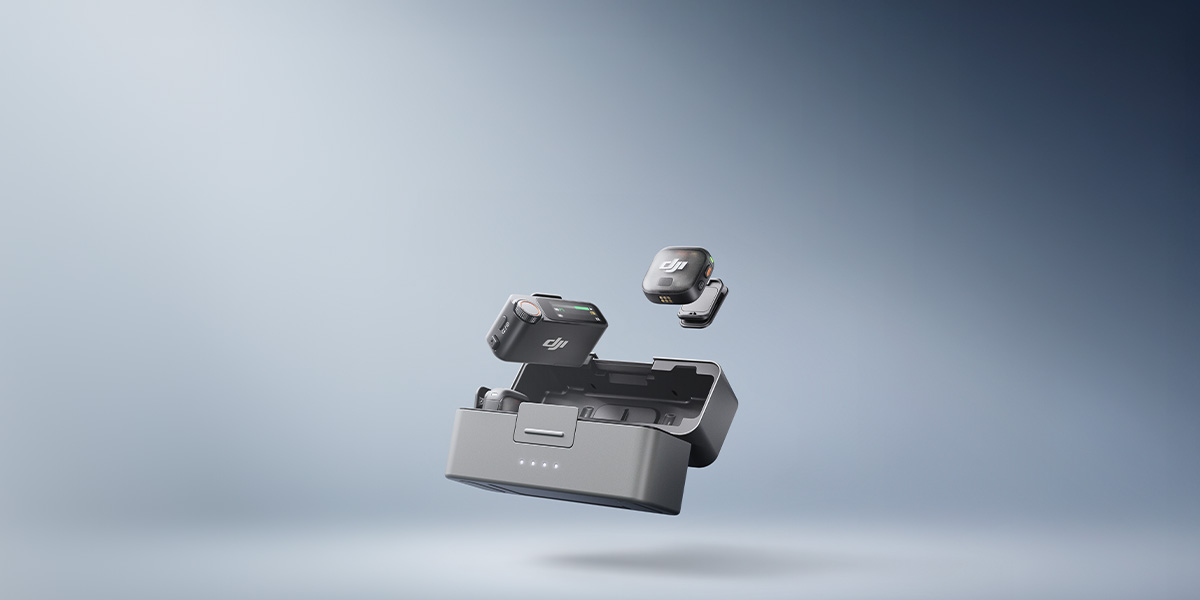 Bezprzewodowy system mikrofonowy DJI Mic 3 na szarym tle